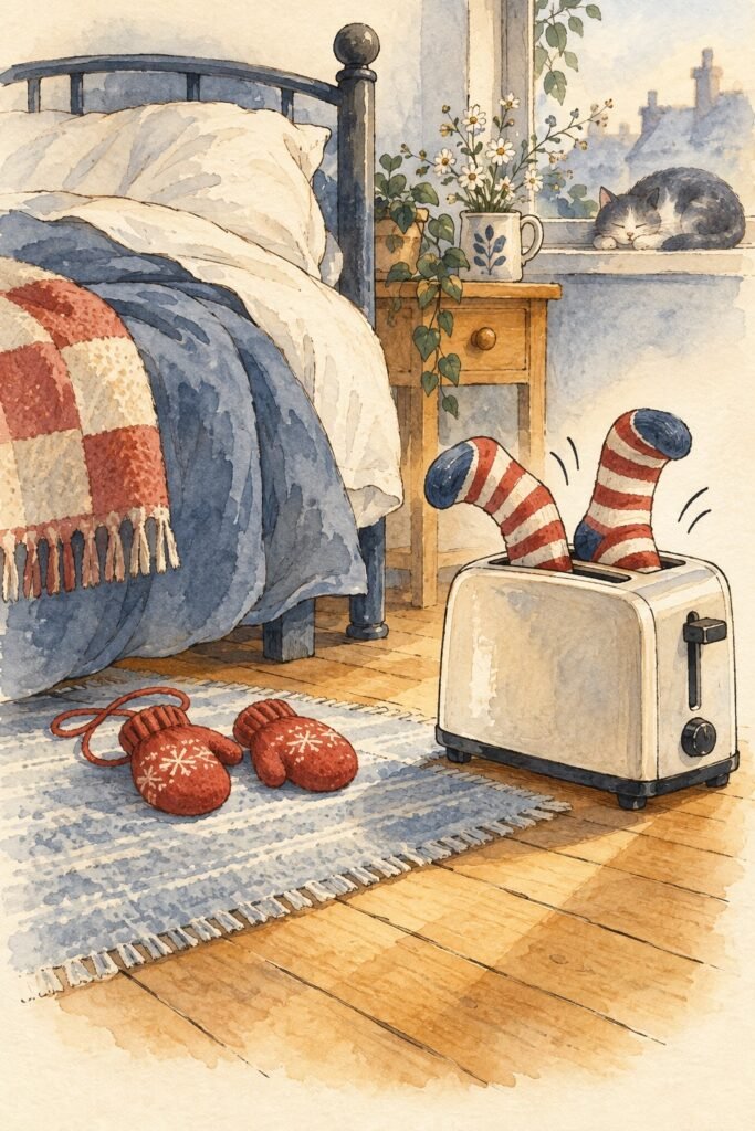 Deux chaussettes rayées se cachent dans un grille-pain près d’un lit, tandis que des moufles reposent au sol.