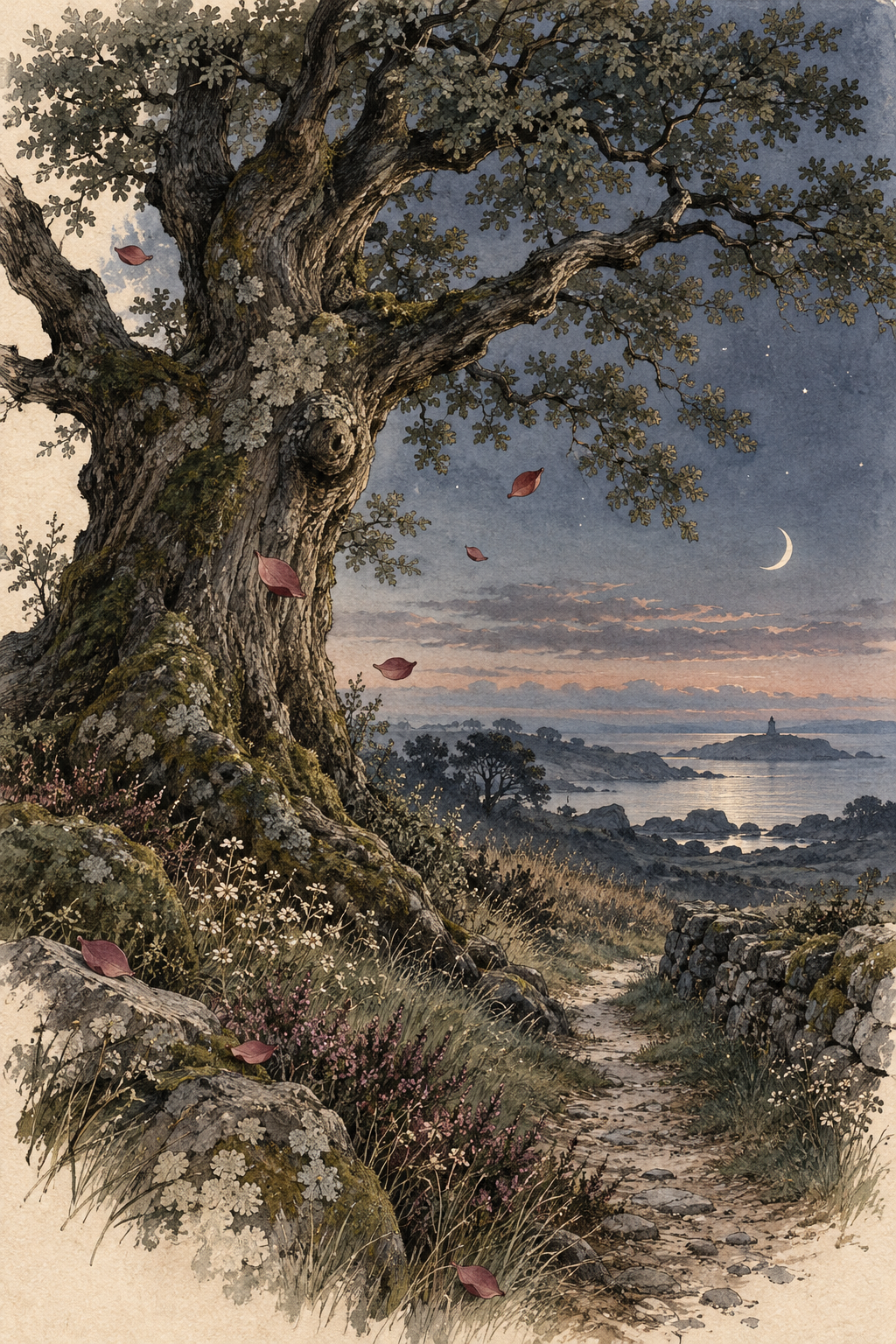Aquarelle d’un vieux chêne et d’un chemin au crépuscule
